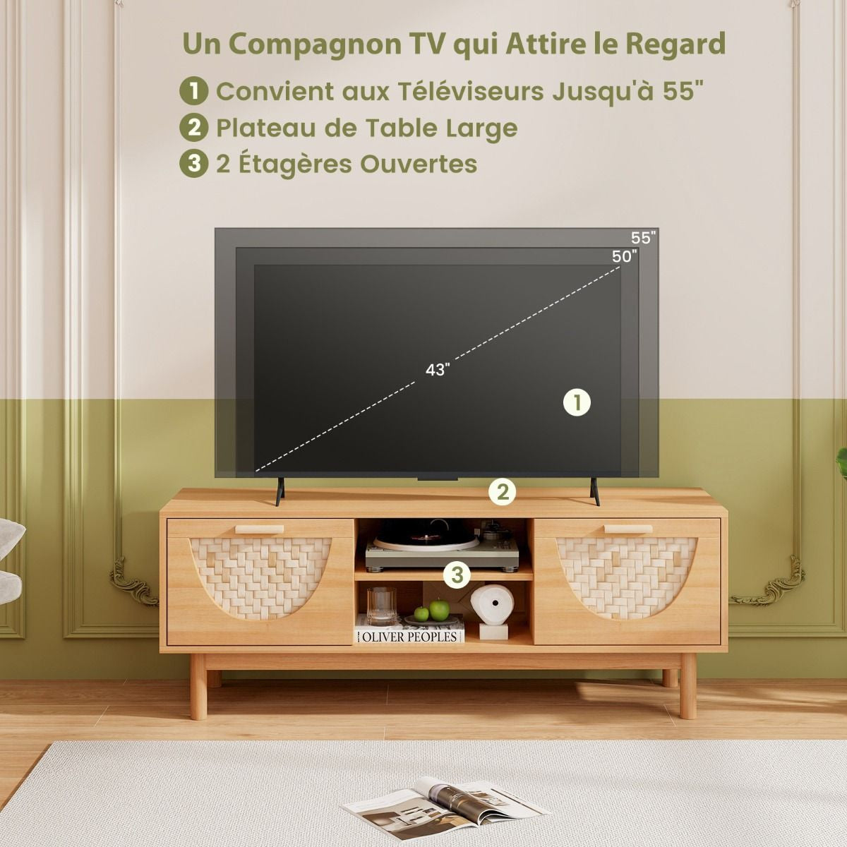 Meuble TV Jusqu'À 55" Table Console Multimédia Moderne Etagères Ouvertes Tiroirs Tissés En Bambou Centre De Divertissement Blanc Et Naturel