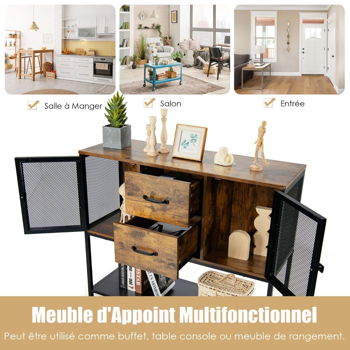 Buffet De Cuisine Avec 2 Placard 2 Tiroirs Et Étagère Inférieure Style Industriel Pour Salon Couloir Cuisine