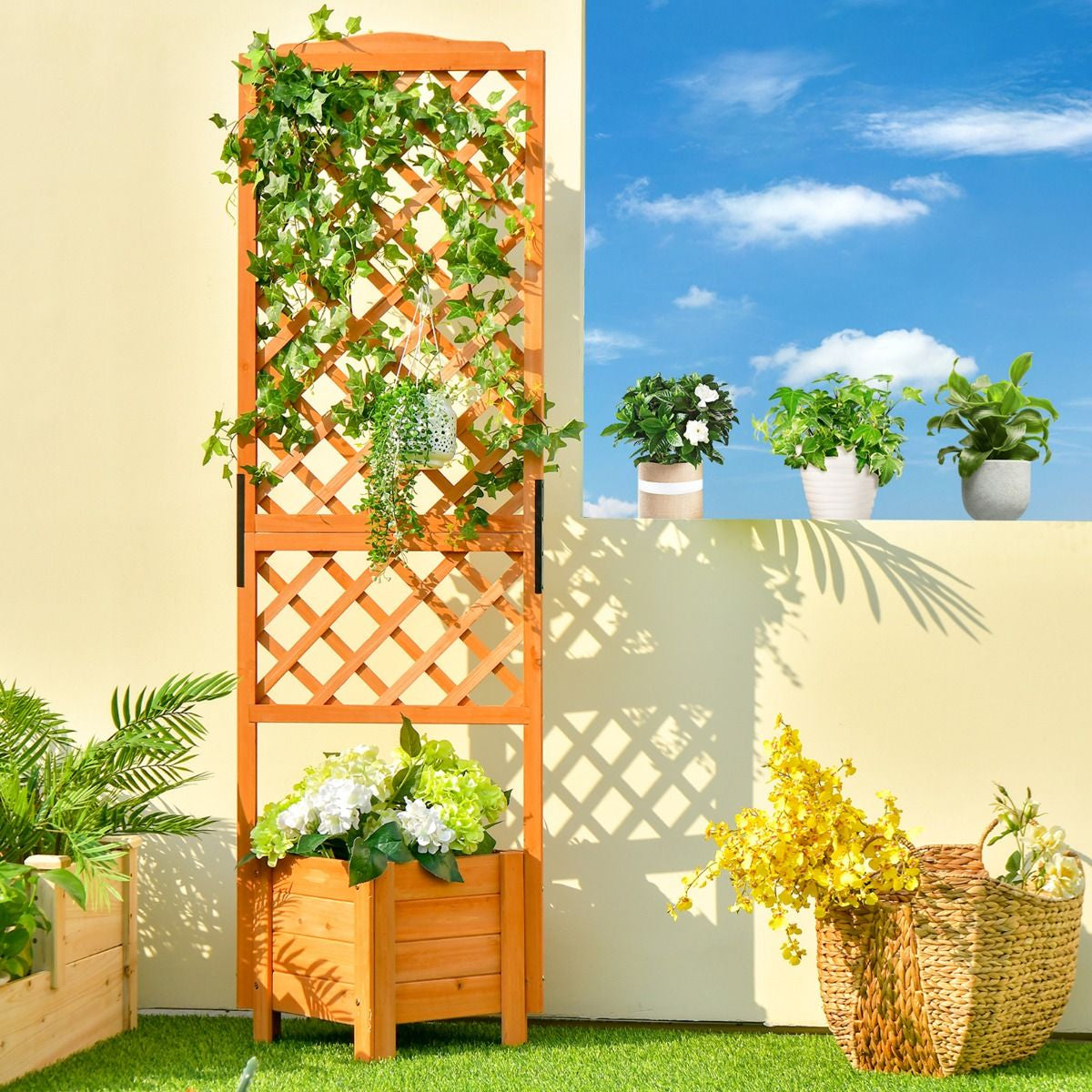 Jardinière Sur Pied Avec Treillis En Bois De Sapin 54,5X52X180Cm Bac À Fleurs Avec Trous De Drainage Pour Plantes Grimpantes