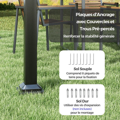 Pergola D'Extérieur 310 X 310 CM Avec Auvent Rétractable Colonnes Métalliques Robustes Pavillon Moderne Pare-Soleil Tonnelle
