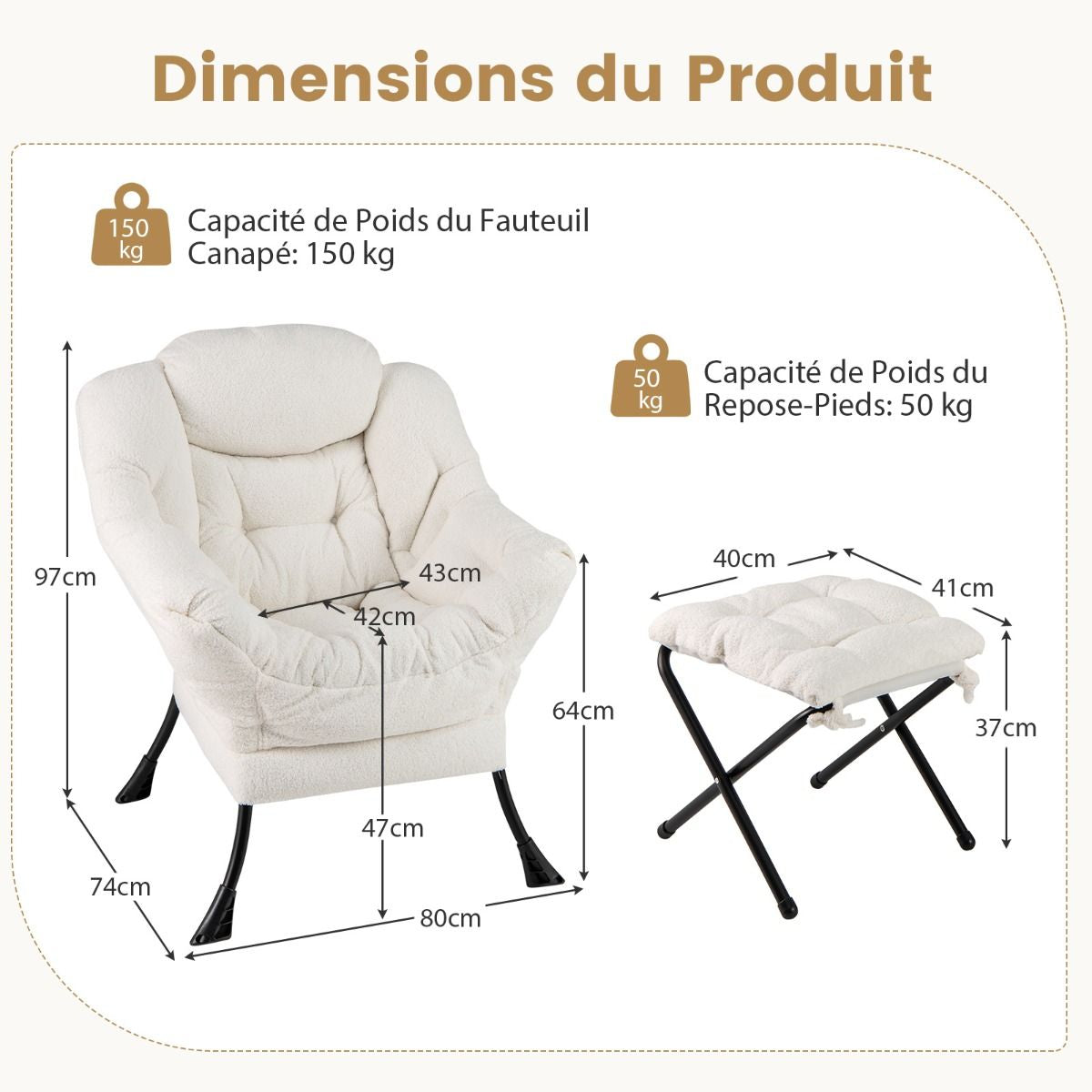 Chaise Paresseuse Avec Ottoman Fauteuil De Loisirs Rembourré Sherpa Moderne Avec Repose-Pied Pliable Coussin De Tête Beige/Gris/Rose