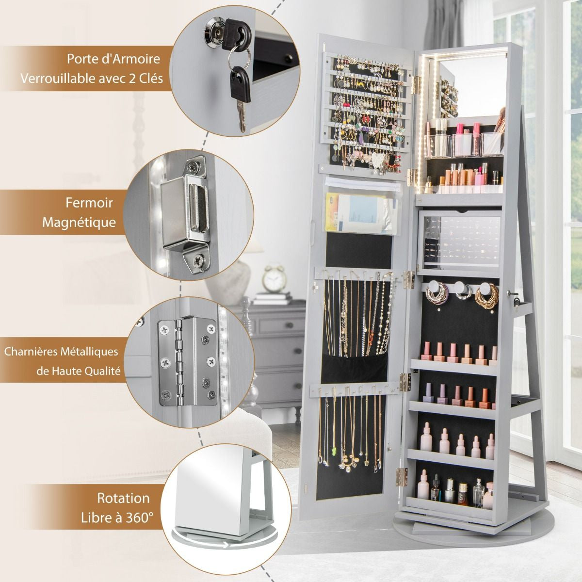 Armoire À Bijoux Pivotante À 360°Avec Lumières LED 3 Couleurs Miroir Pleine Longueur Et Étagère 3 Niveaux En Arrière 10 Couleurs Au Choix