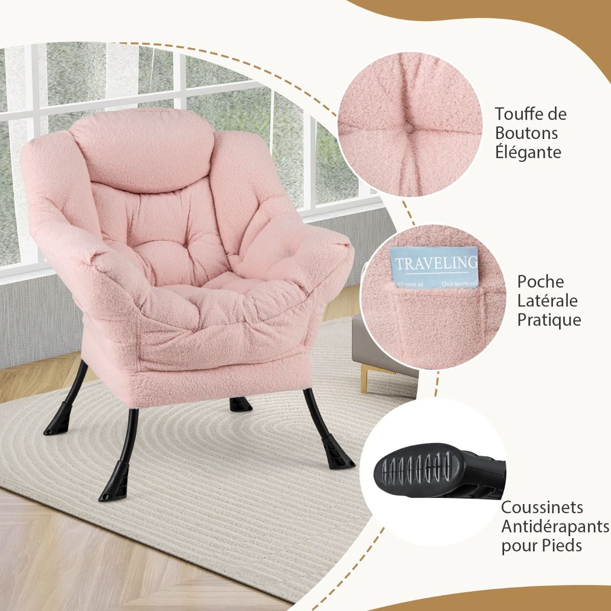Chaise Paresseuse Avec Ottoman Fauteuil De Loisirs Rembourré Sherpa Moderne Avec Repose-Pied Pliable Coussin De Tête Beige/Gris/Rose