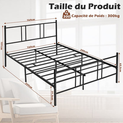 Lit Double Pour Adulte - Cadre De Lit En Métal - 160 X 200 CM - 9 Pieds De Support - Pas De Sommier Nécessaire - Sans Bruit