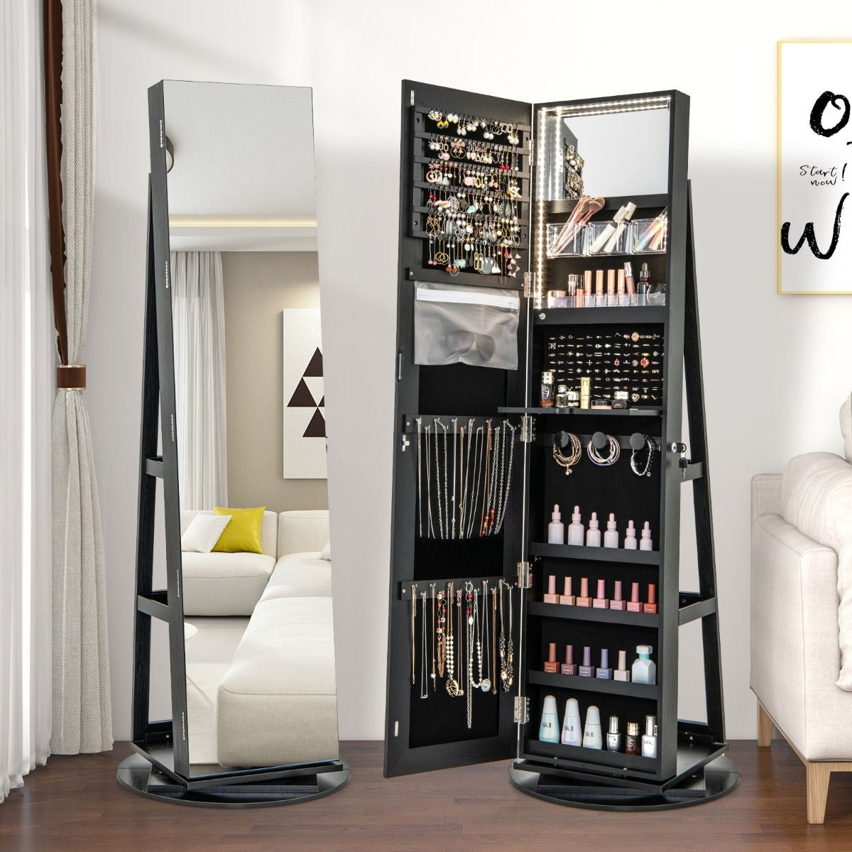 Armoire À Bijoux Pivotante À 360°Avec Lumières LED 3 Couleurs Miroir Pleine Longueur Et Étagère 3 Niveaux En Arrière 10 Couleurs Au Choix