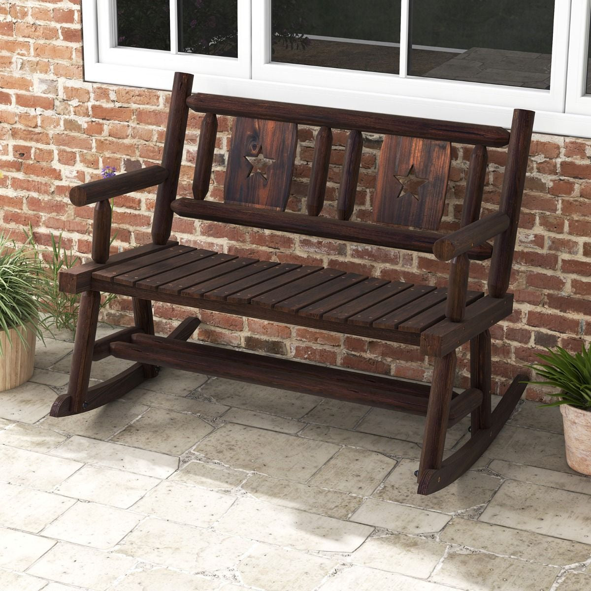 Banc À Bascule De Jardin En Bois Carbonisé 2 Personnes Siège À Lattes Dossier Ergonomique Charge 320KG Terrasse Piscine