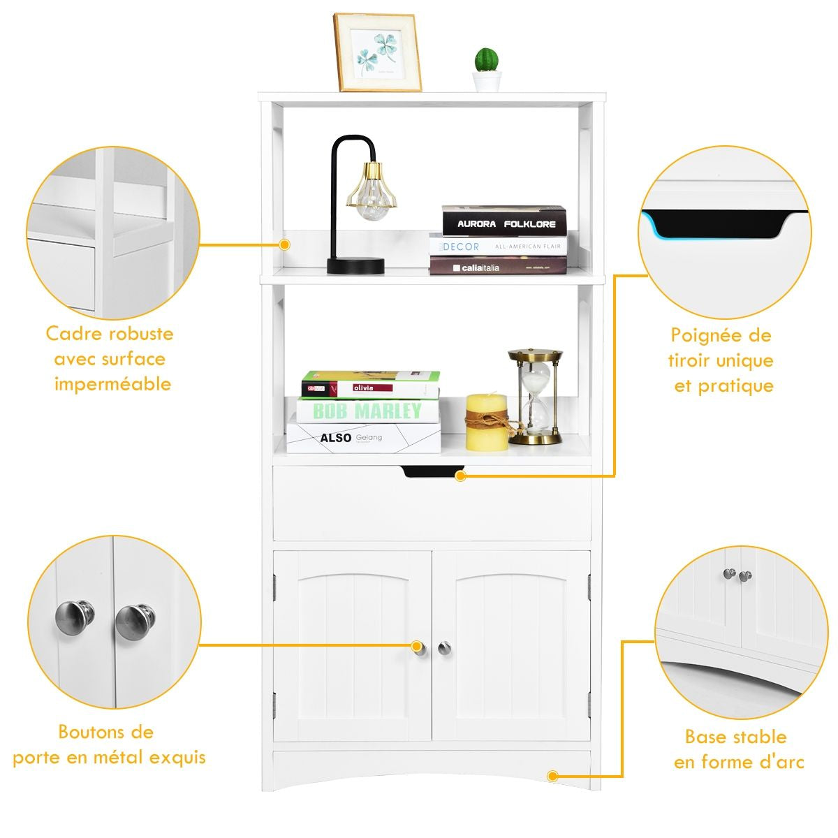 Armoire De Salle De Bain Avec 2 Portes 1 Tiroir 3 Etagères Ouvertes Capacité 70 Kg En Mdf 32,5X60X122Cm Blanc/Noir/Gris