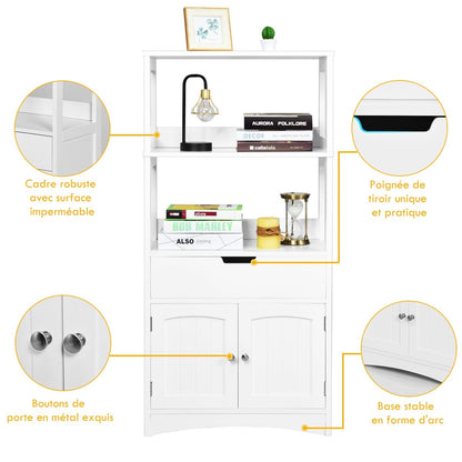 Armoire De Salle De Bain Avec 2 Portes 1 Tiroir 3 Etagères Ouvertes Capacité 70 Kg En Mdf 32,5X60X122Cm Blanc/Noir/Gris