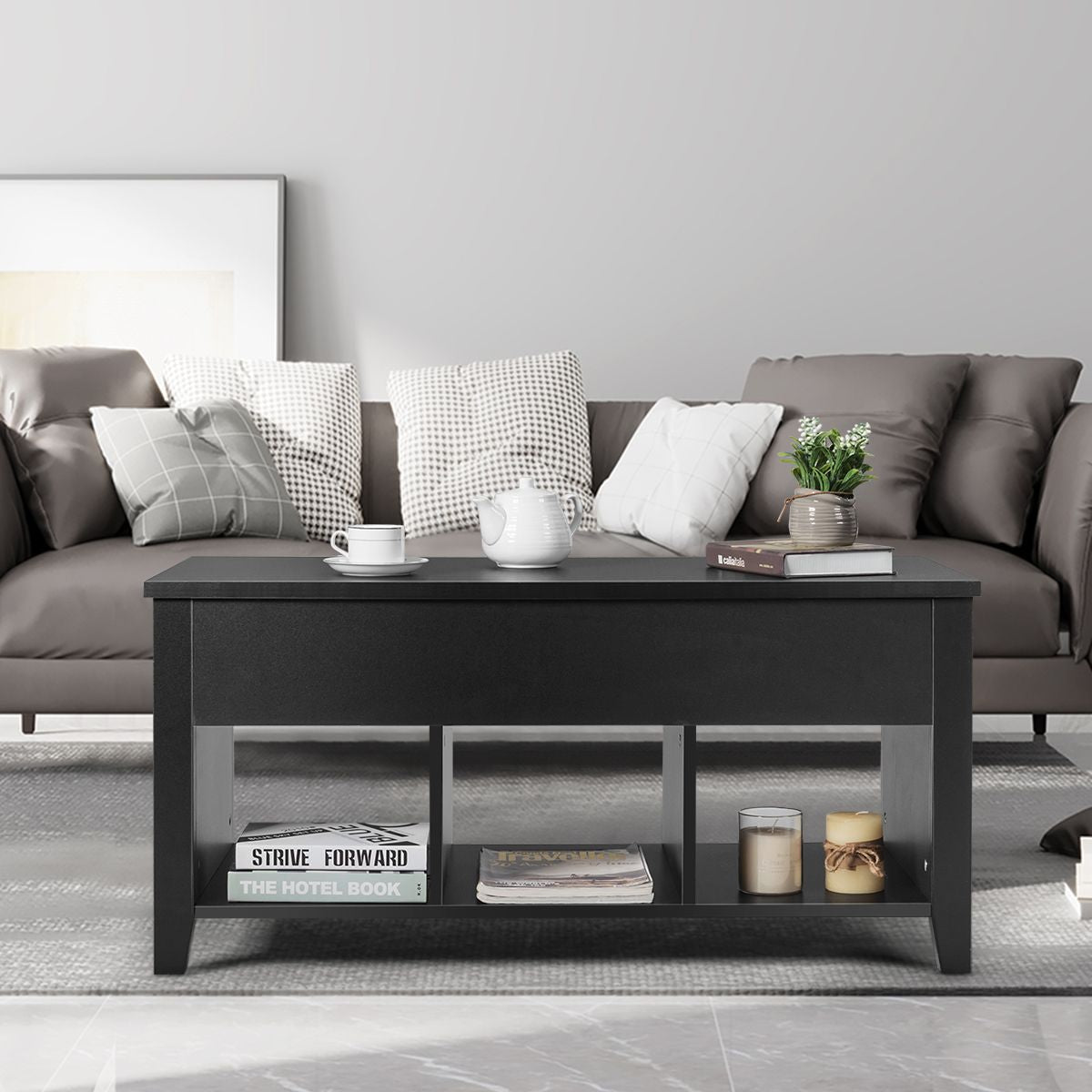 Table Basse Avec Plateau Relevable Noir 105 X 52 X 49 CM Avec Trois Compartiments Pour Rangement Design Contemporain Marron/Noir