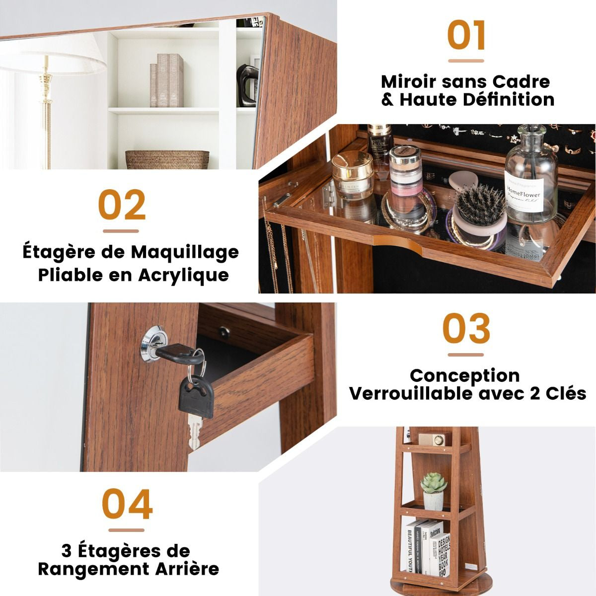 Armoire À Bijoux Pivotante À 360°Avec Lumières LED 3 Couleurs Miroir Pleine Longueur Et Étagère 3 Niveaux En Arrière 10 Couleurs Au Choix
