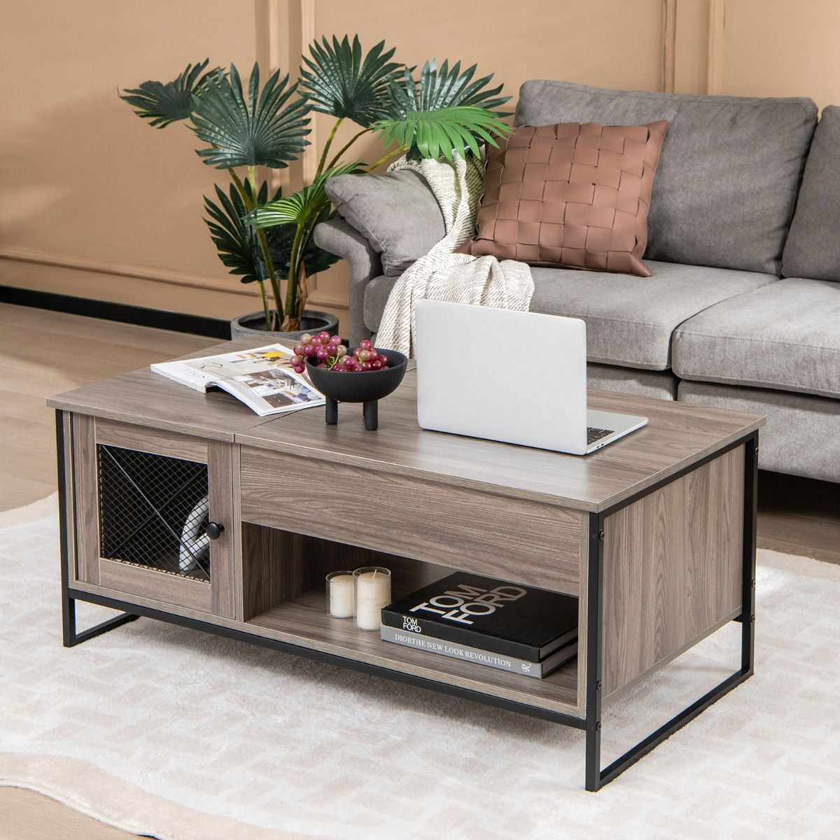 Table Basse Avec Plateau Élévateur Pneumatique Compartiments Ouverts Et 2 Casiers Conception À 2 Porte 104 X 52,5 X 58 Cm