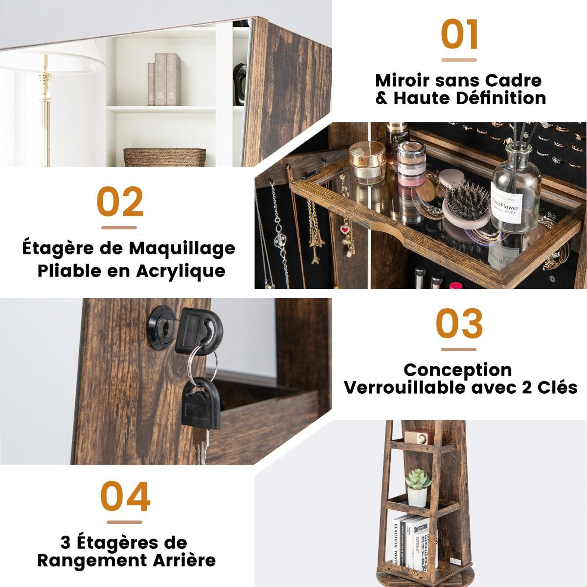Armoire À Bijoux Pivotante À 360°Avec Lumières LED 3 Couleurs Miroir Pleine Longueur Et Étagère 3 Niveaux En Arrière 10 Couleurs Au Choix