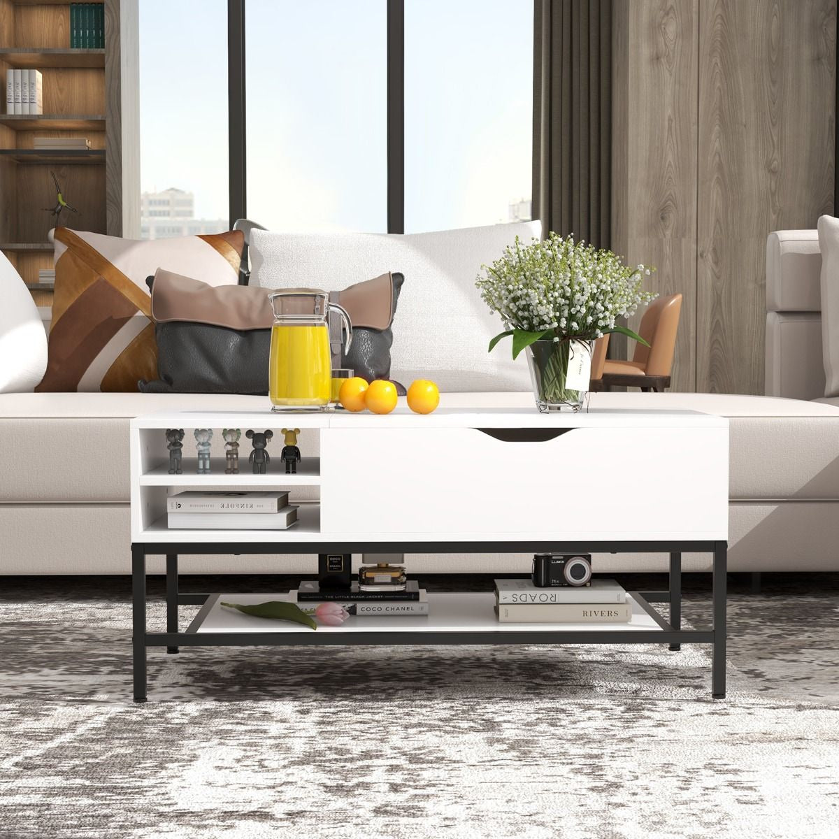 Table Basse À Plateau Relevable Table De Salon Avec Compartiment Caché Et Etagère De Rangement Amovible Table Centrale Rabattable Blanc/Gris