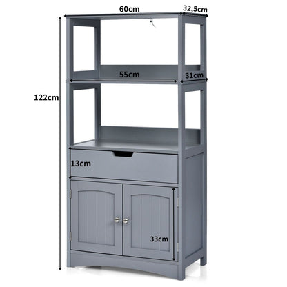Armoire De Salle De Bain Avec 2 Portes 1 Tiroir 3 Etagères Ouvertes Capacité 70 Kg En Mdf 32,5X60X122Cm Blanc/Noir/Gris