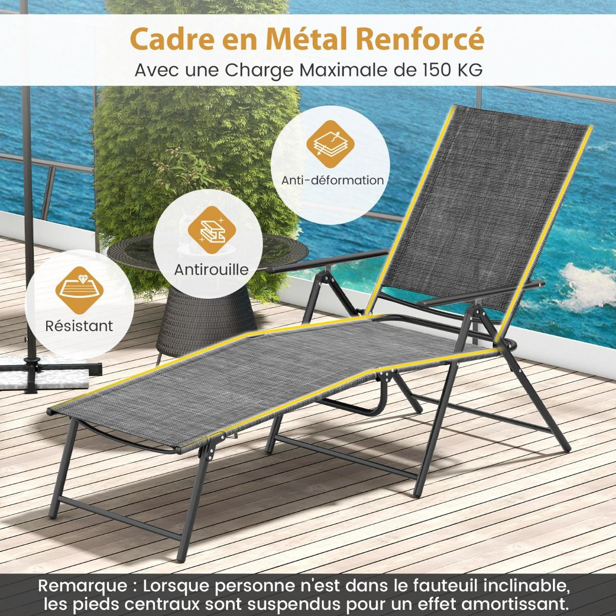 Chaises Longues Pliantes Fauteuil 2 Pièces Dossier À 6 Niveaux Tissu De Siège Respirant Cadre En Métal Solide Chaises Inclinables Réglables Gris/Noir/Café