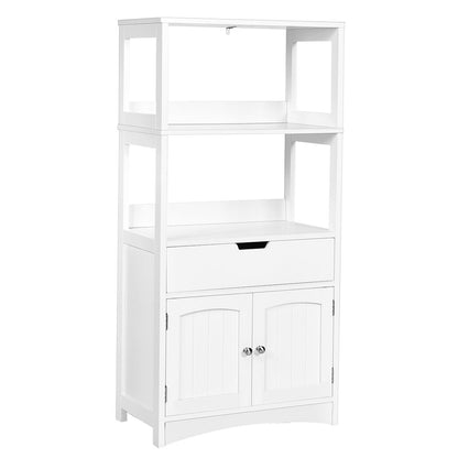 Armoire De Salle De Bain Avec 2 Portes 1 Tiroir 3 Etagères Ouvertes Capacité 70 Kg En Mdf 32,5X60X122Cm Blanc/Noir/Gris
