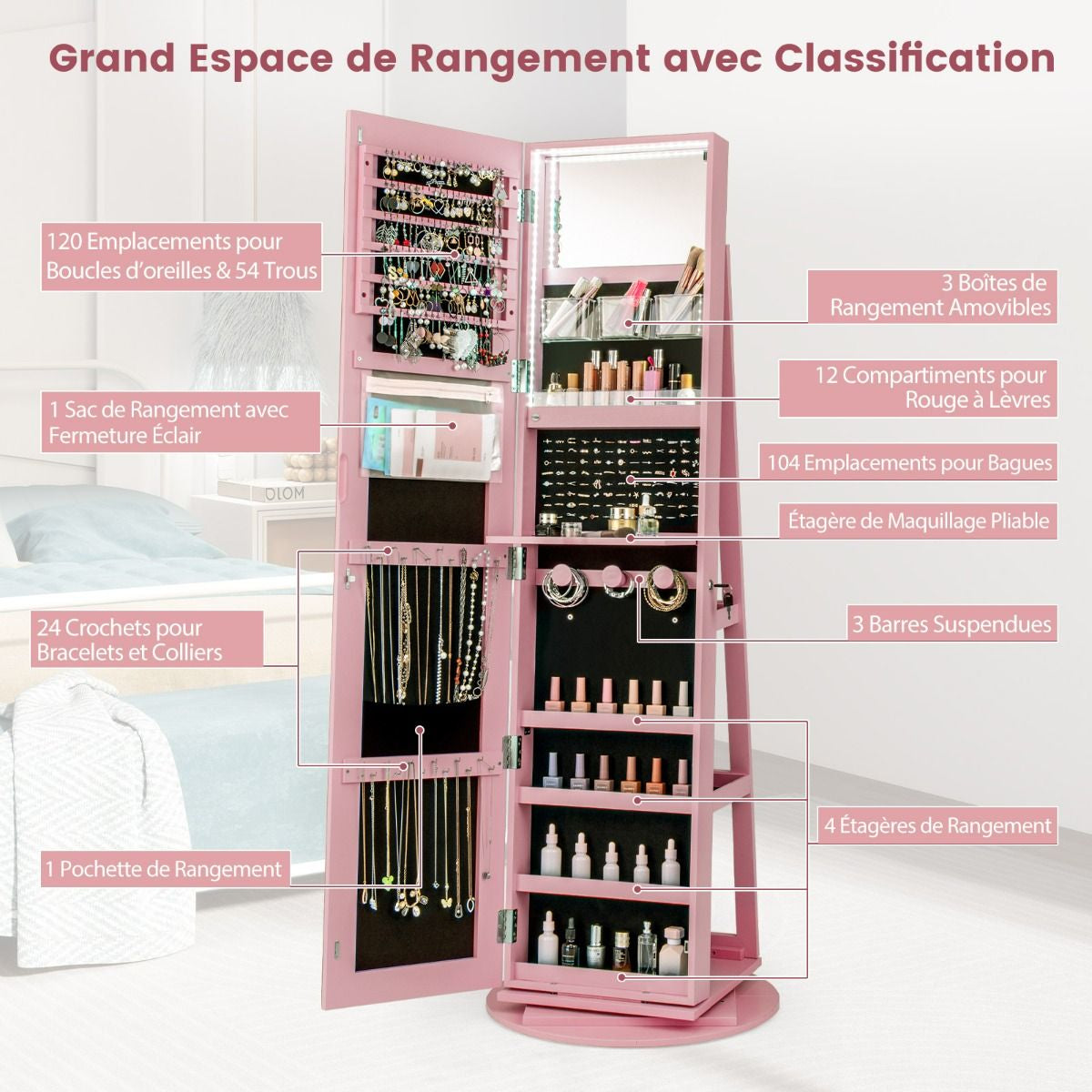 Armoire À Bijoux Pivotante À 360°Avec Lumières LED 3 Couleurs Miroir Pleine Longueur Et Étagère 3 Niveaux En Arrière 10 Couleurs Au Choix