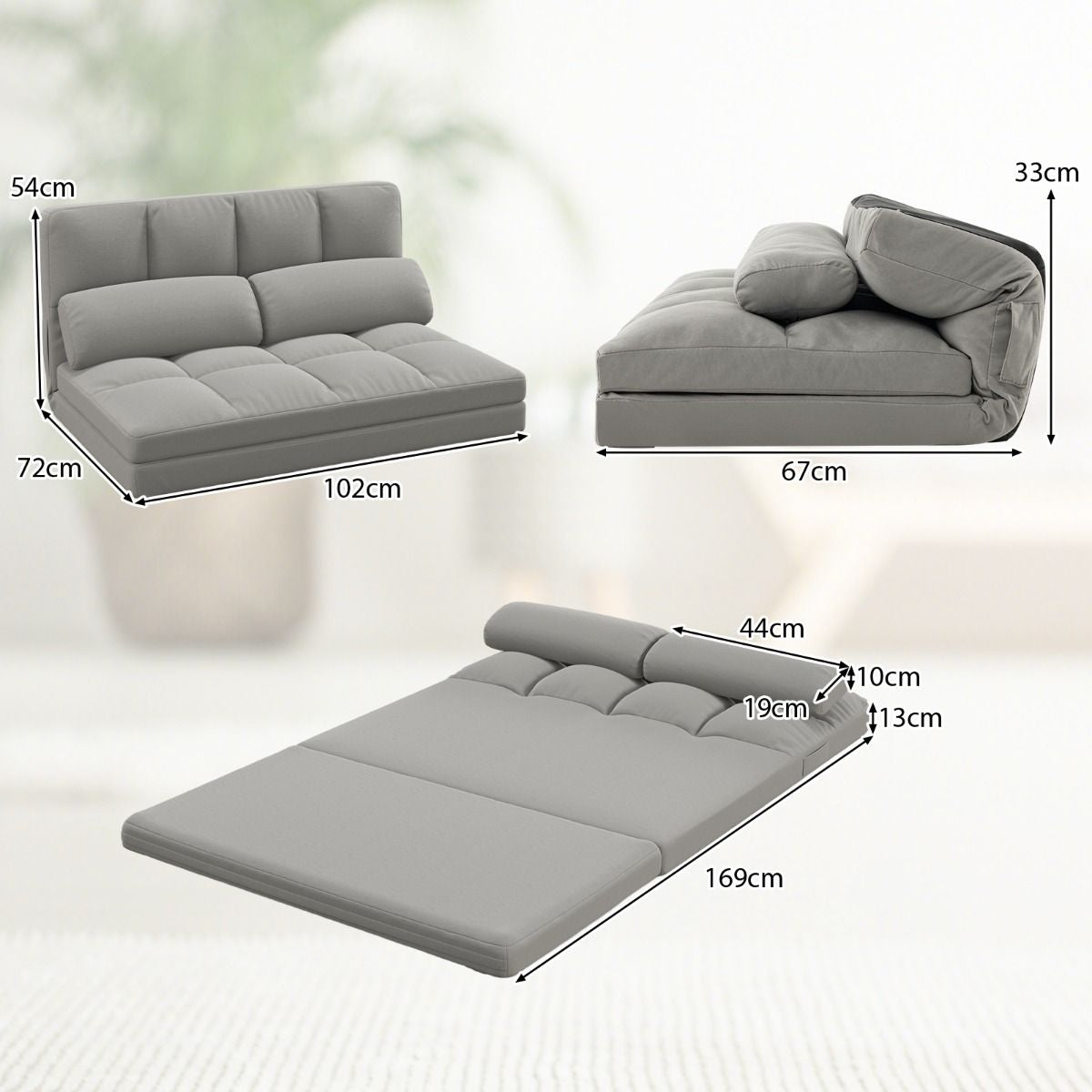 Canapé Lit Convertible En Velours Pliable Dossier Réglable À 6 Niveaux Avec 2 Coussins Gris Clair/Gris Foncé