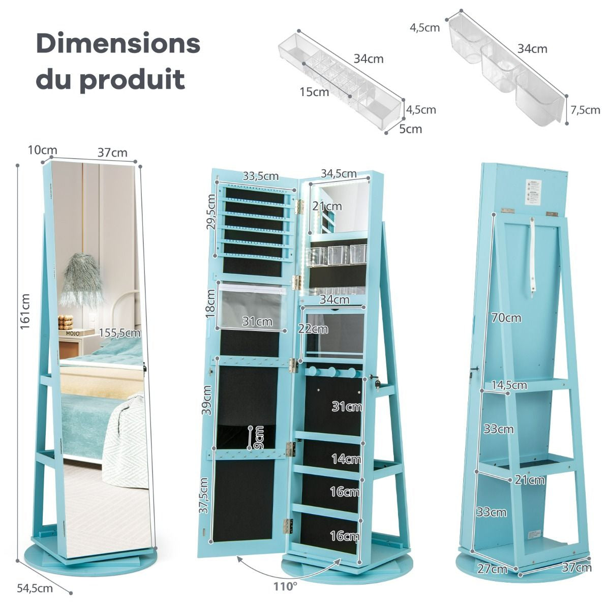 Armoire À Bijoux Pivotante À 360°Avec Lumières LED 3 Couleurs Miroir Pleine Longueur Et Étagère 3 Niveaux En Arrière 10 Couleurs Au Choix