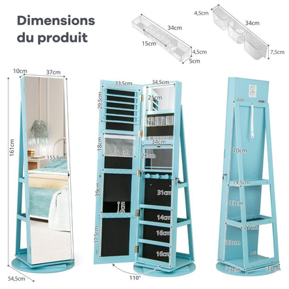 Armoire À Bijoux Pivotante À 360°Avec Lumières LED 3 Couleurs Miroir Pleine Longueur Et Étagère 3 Niveaux En Arrière 10 Couleurs Au Choix