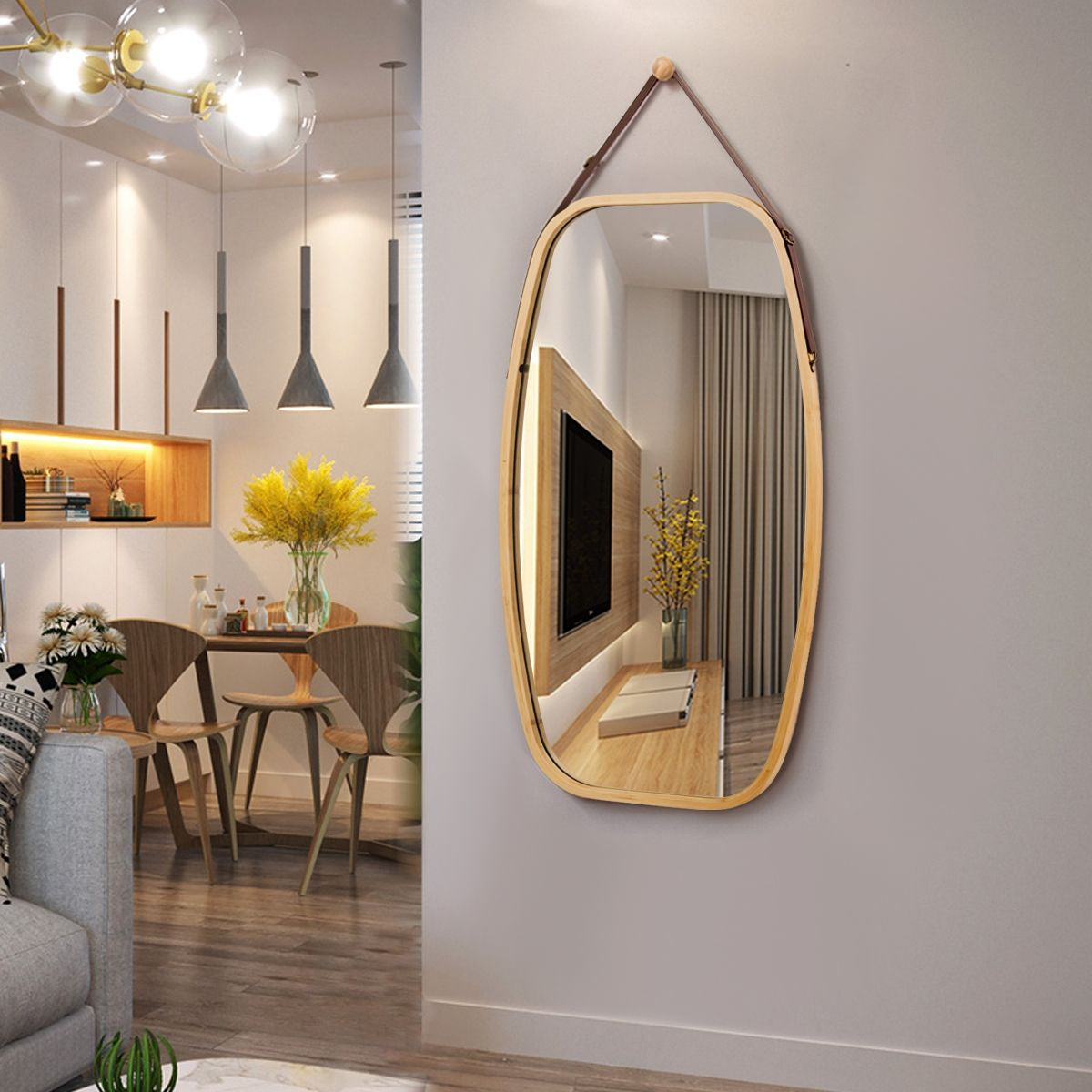 Miroir Mural Suspendu Avec Cadre En Bambou Et Sangle En Cuir Réglable Coin Arrondi 77 X 44 X 1,5Cm
