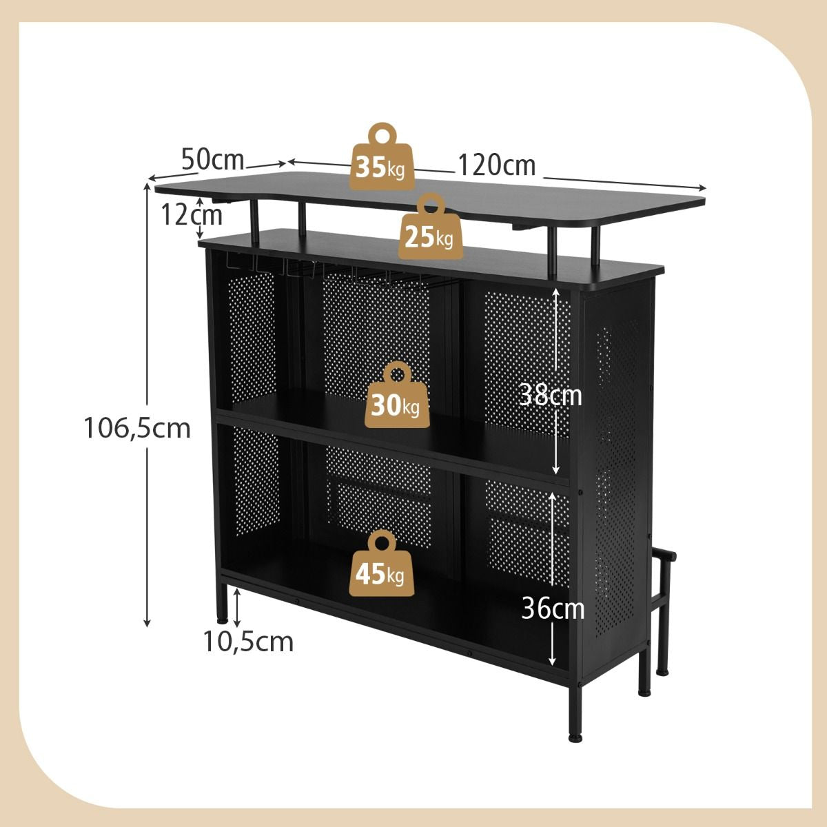 Table De Bar À Domicile À 4 Niveaux Armoire De Bar Avec 2 Étagères Pour Vin Et 6 Supports De Verres Repose-Pieds En Métal 7 Pieds Réglables Noir/Marron