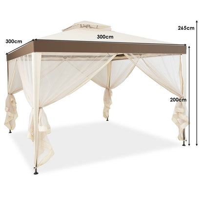 Tente De Réception Tonnelle De Jardin Imperméable Double Toits Moustiquaire Protection UV 50+ Imperméable 3X3M Pour Terrasse Jardin Brun/Beige