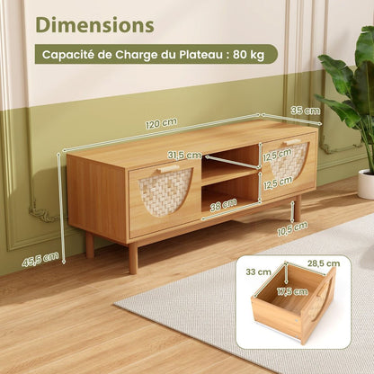 Meuble TV Jusqu'À 55" Table Console Multimédia Moderne Etagères Ouvertes Tiroirs Tissés En Bambou Centre De Divertissement Blanc Et Naturel