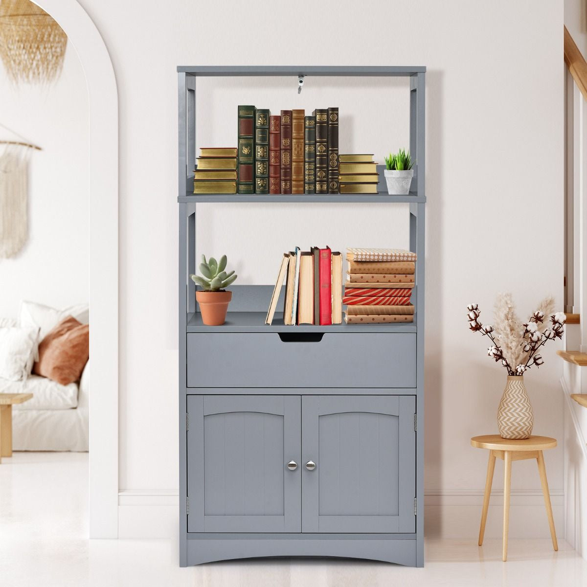 Armoire De Salle De Bain Avec 2 Portes 1 Tiroir 3 Etagères Ouvertes Capacité 70 Kg En Mdf 32,5X60X122Cm Blanc/Noir/Gris