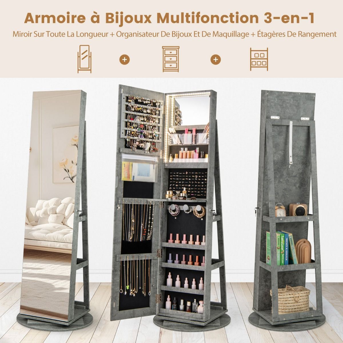 Armoire À Bijoux Pivotante À 360°Avec Lumières LED 3 Couleurs Miroir Pleine Longueur Et Étagère 3 Niveaux En Arrière 10 Couleurs Au Choix