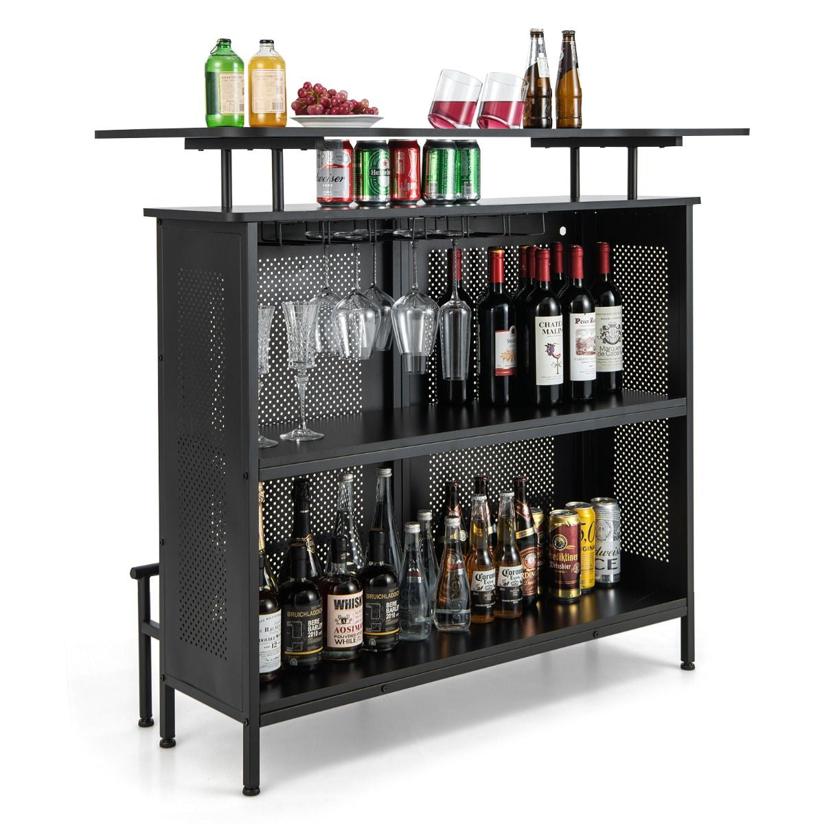 Table De Bar À Domicile À 4 Niveaux Armoire De Bar Avec 2 Étagères Pour Vin Et 6 Supports De Verres Repose-Pieds En Métal 7 Pieds Réglables Noir/Marron