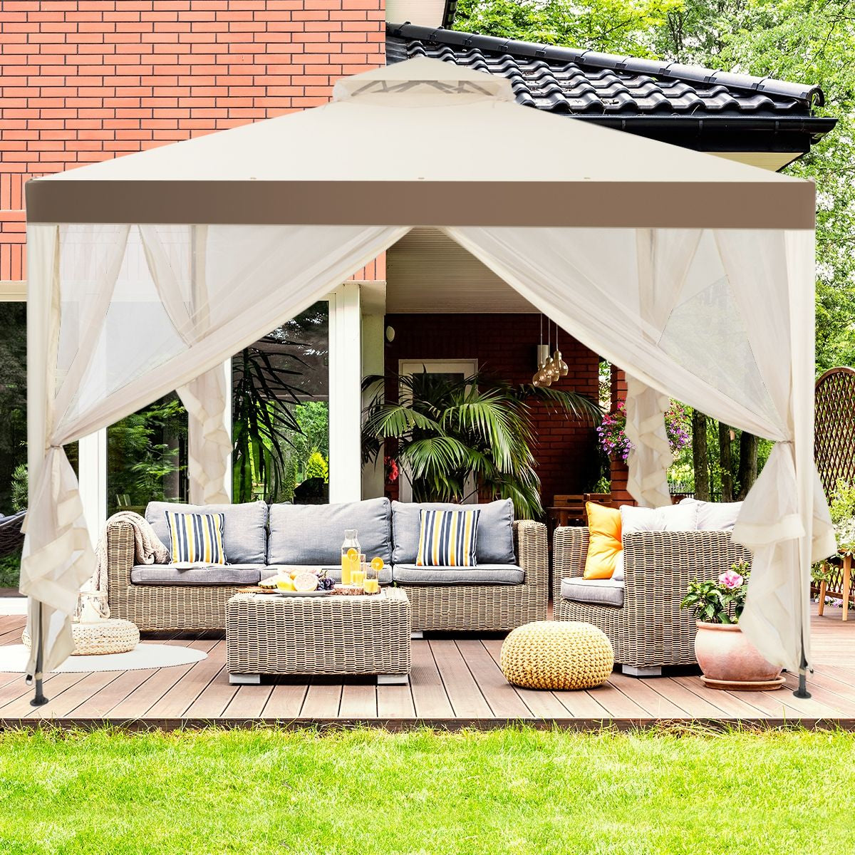 Tente De Réception Tonnelle De Jardin Imperméable Double Toits Moustiquaire Protection UV 50+ Imperméable 3X3M Pour Terrasse Jardin Brun/Beige