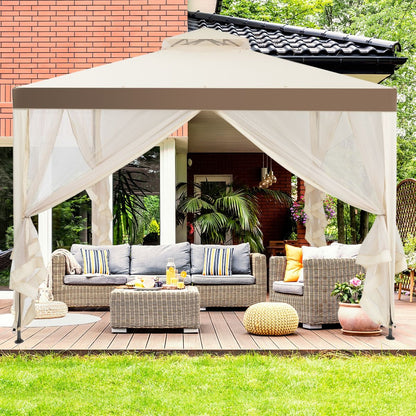 Tente De Réception Tonnelle De Jardin Imperméable Double Toits Moustiquaire Protection UV 50+ Imperméable 3X3M Pour Terrasse Jardin Brun/Beige
