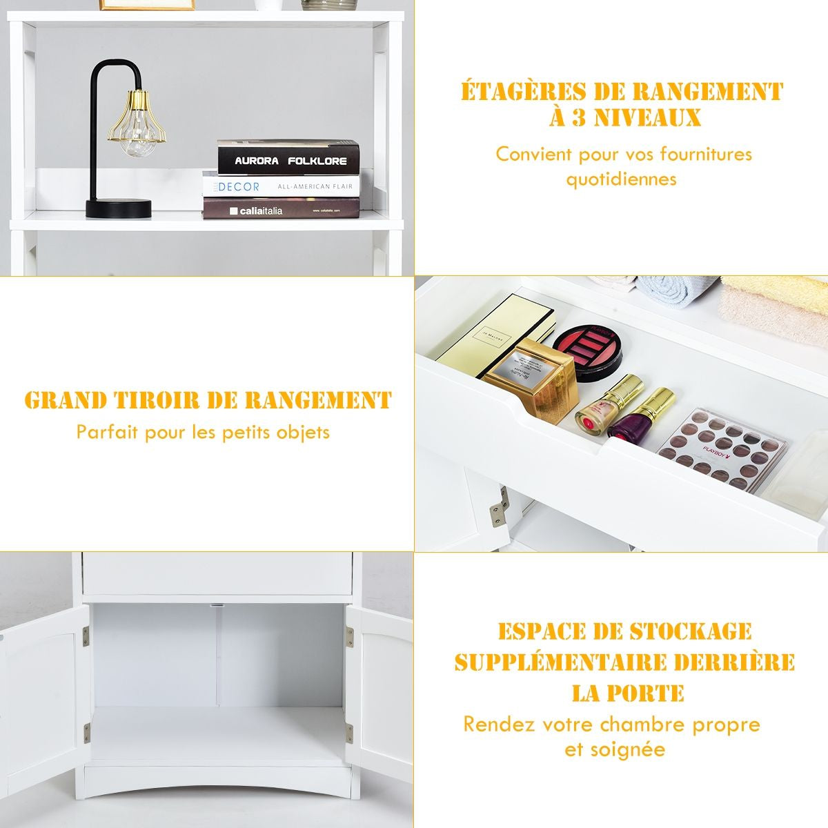 Armoire De Salle De Bain Avec 2 Portes 1 Tiroir 3 Etagères Ouvertes Capacité 70 Kg En Mdf 32,5X60X122Cm Blanc/Noir/Gris