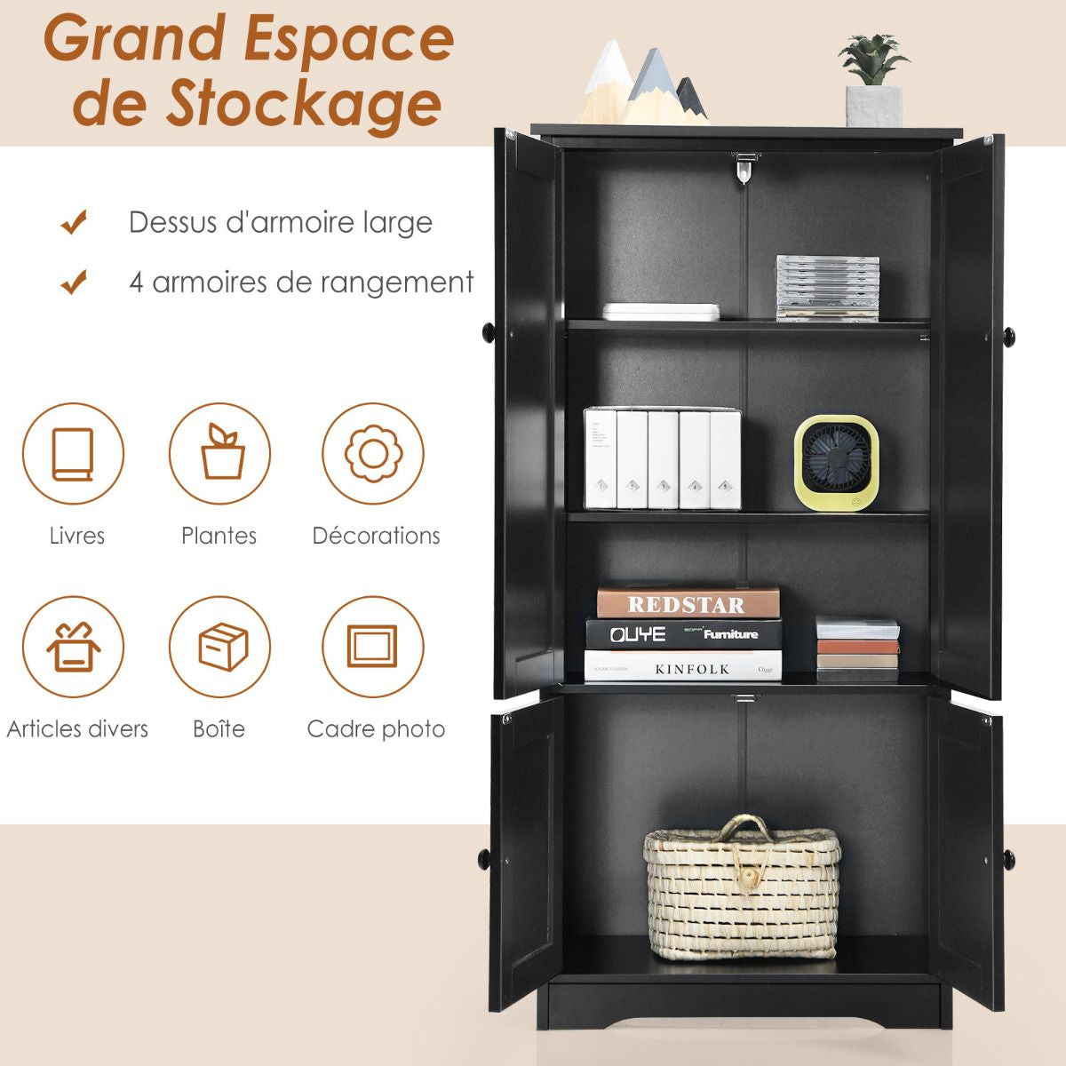 Armoire De Chambre Avec 2 Porte De Style Vintage Avec 2 Etagères Réglables À 5 Positions En MDF Blanc/Noir