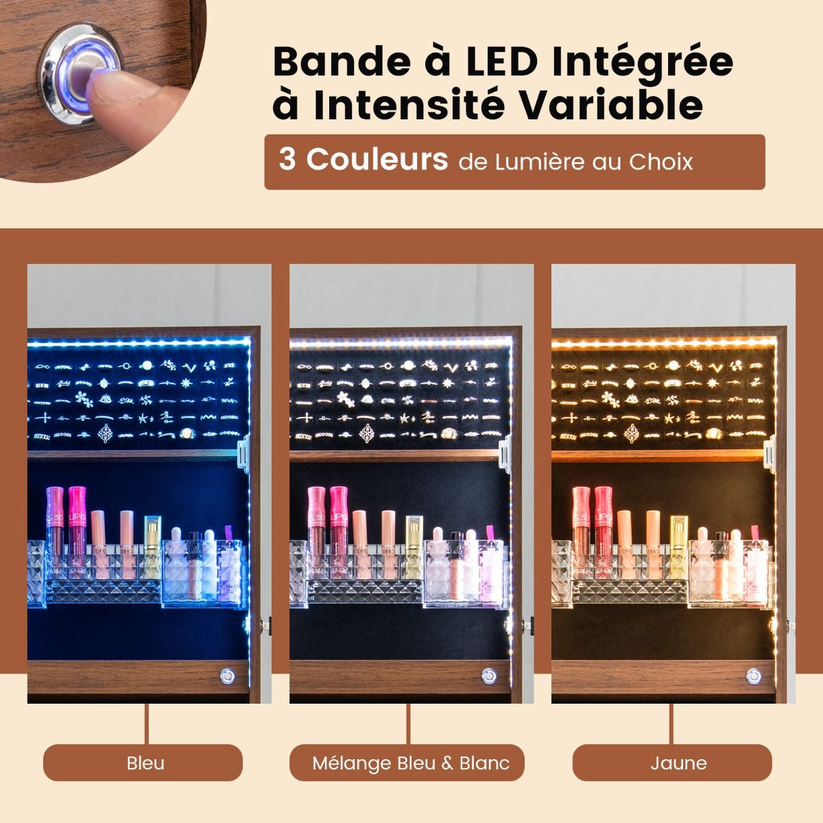 Armoire À Bijoux Sur Pied Avec Lumières LED Armoire Verrouillable Avec Miroir Pleine Longueur Éclairé Blanc/Marron Rustique/Noyer