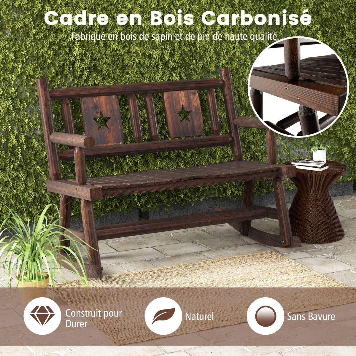 Banc À Bascule De Jardin En Bois Carbonisé 2 Personnes Siège À Lattes Dossier Ergonomique Charge 320KG Terrasse Piscine