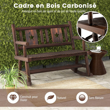 Banc À Bascule De Jardin En Bois Carbonisé 2 Personnes Siège À Lattes Dossier Ergonomique Charge 320KG Terrasse Piscine