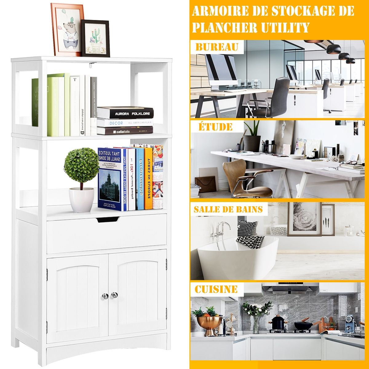 Armoire De Salle De Bain Avec 2 Portes 1 Tiroir 3 Etagères Ouvertes Capacité 70 Kg En Mdf 32,5X60X122Cm Blanc/Noir/Gris