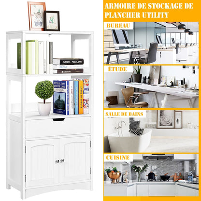 Armoire De Salle De Bain Avec 2 Portes 1 Tiroir 3 Etagères Ouvertes Capacité 70 Kg En Mdf 32,5X60X122Cm Blanc/Noir/Gris