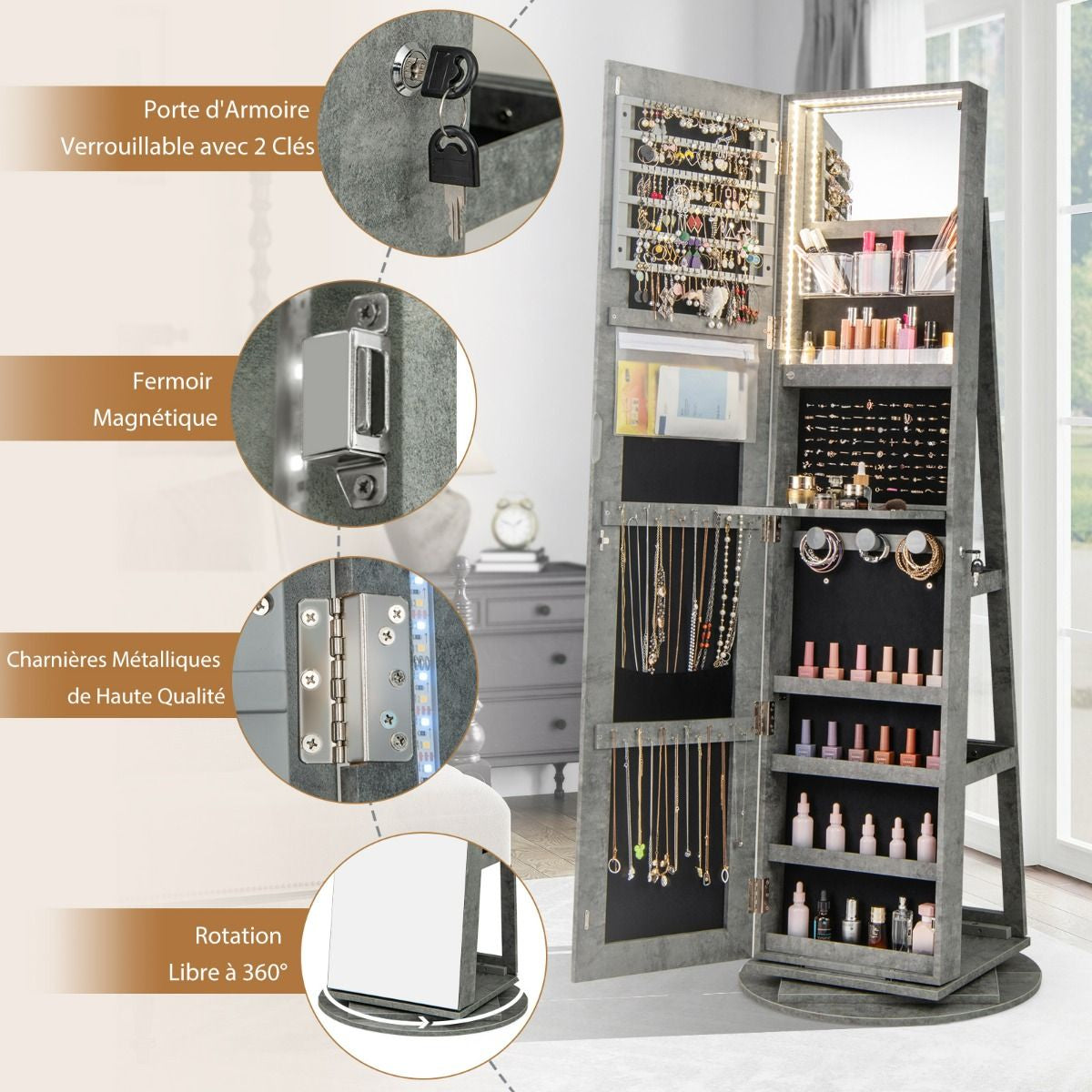 Armoire À Bijoux Pivotante À 360°Avec Lumières LED 3 Couleurs Miroir Pleine Longueur Et Étagère 3 Niveaux En Arrière 10 Couleurs Au Choix