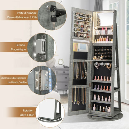 Armoire À Bijoux Pivotante À 360°Avec Lumières LED 3 Couleurs Miroir Pleine Longueur Et Étagère 3 Niveaux En Arrière 10 Couleurs Au Choix