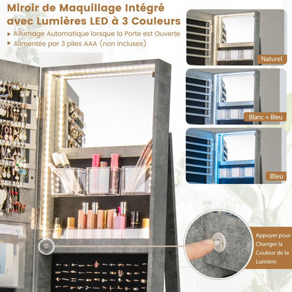 Armoire À Bijoux Pivotante À 360°Avec Lumières LED 3 Couleurs Miroir Pleine Longueur Et Étagère 3 Niveaux En Arrière 10 Couleurs Au Choix