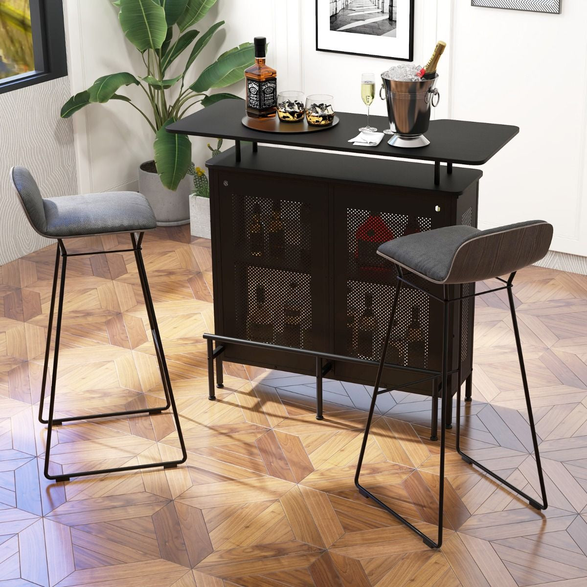 Table De Bar À Domicile À 4 Niveaux Armoire De Bar Avec 2 Étagères Pour Vin Et 6 Supports De Verres Repose-Pieds En Métal 7 Pieds Réglables Noir/Marron