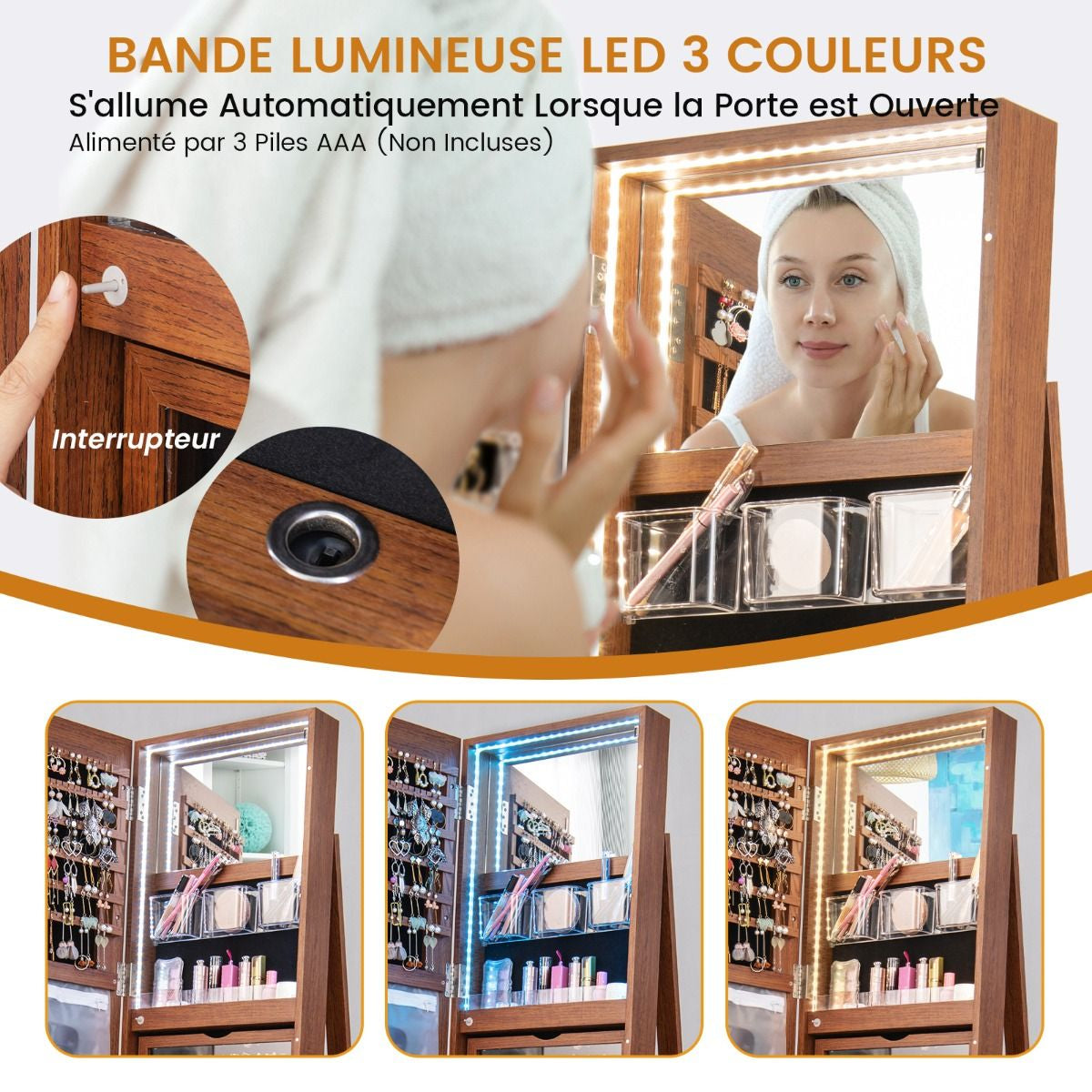 Armoire À Bijoux Pivotante À 360°Avec Lumières LED 3 Couleurs Miroir Pleine Longueur Et Étagère 3 Niveaux En Arrière 10 Couleurs Au Choix