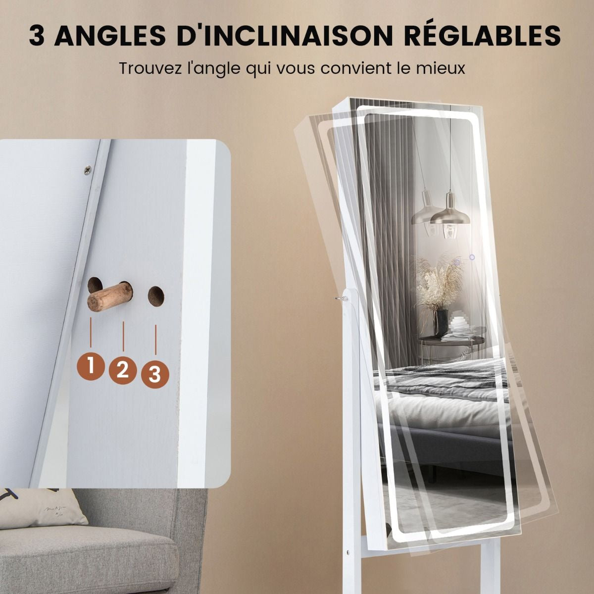 Armoire À Bijoux Sur Pied Avec Lumières LED Armoire Verrouillable Avec Miroir Pleine Longueur Éclairé Blanc/Marron Rustique/Noyer