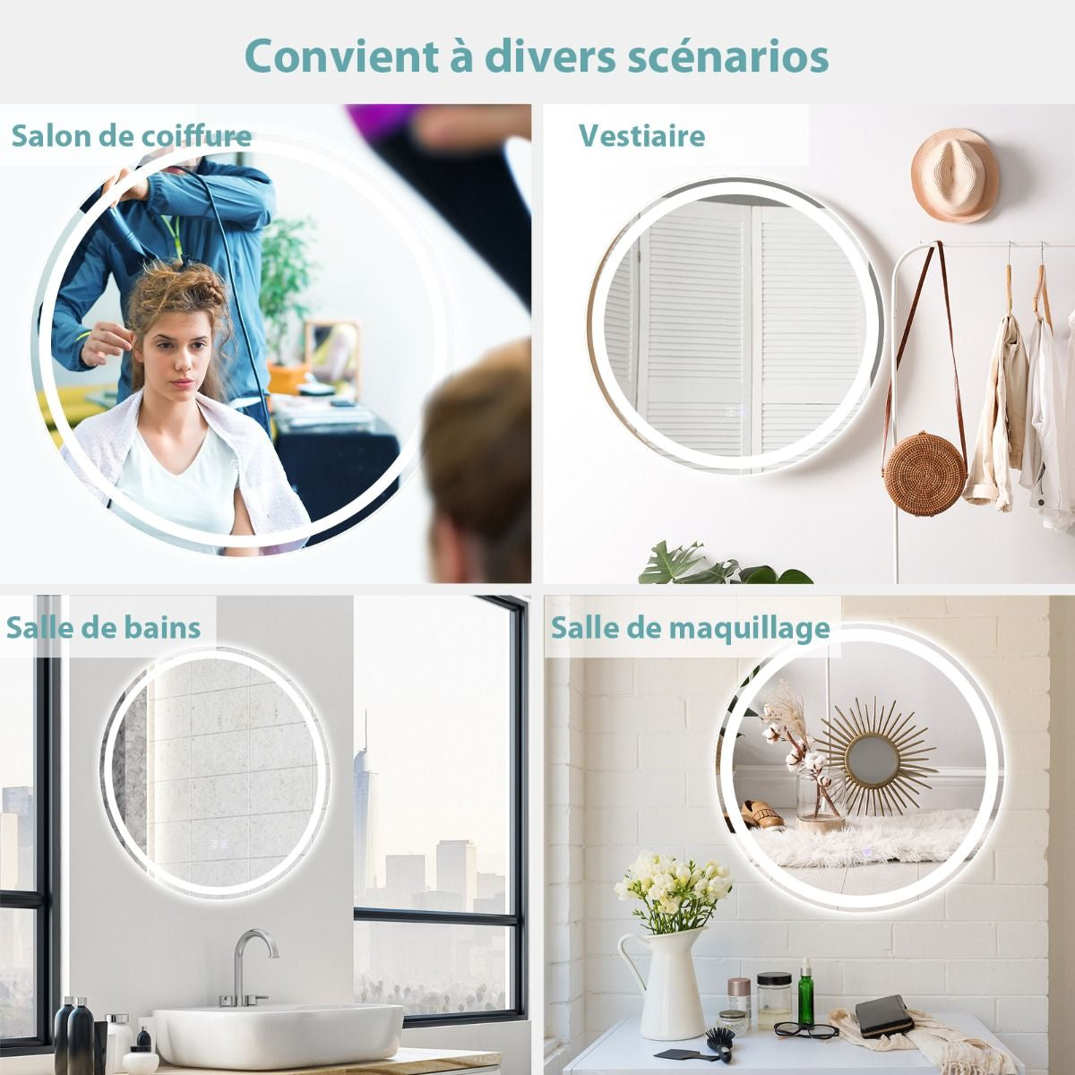 Miroir De Salle De Bain LED Ø 60 Cm Avec 3 Eclairages Interrupteur Tactile Et Fonction Anti-Buée
