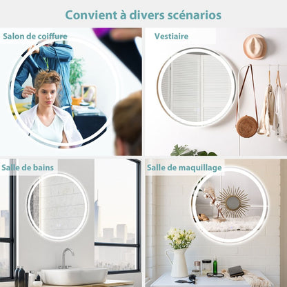 Miroir De Salle De Bain LED Ø 60 Cm Avec 3 Eclairages Interrupteur Tactile Et Fonction Anti-Buée