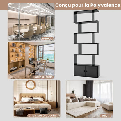 Bibliothèque Étagère Échelle En Bois À 6 Niveaux Avec 2 Portes 70X23X183 Cm Style Moderne Forme En S Marron Rustique/Blanc/Noir