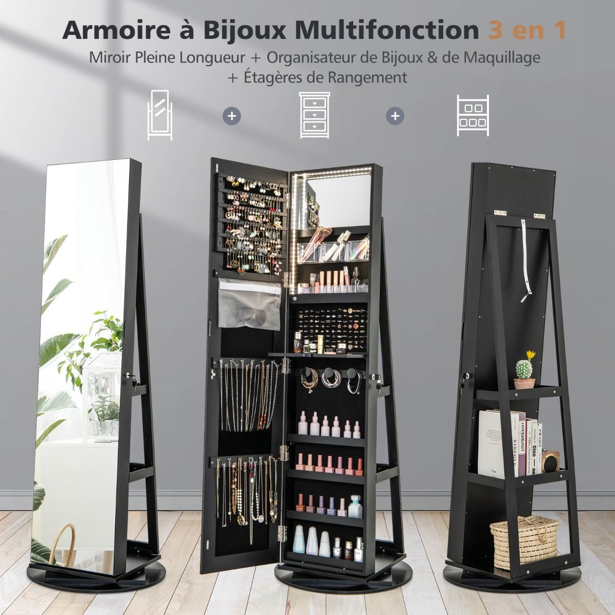 Armoire À Bijoux Pivotante À 360°Avec Lumières LED 3 Couleurs Miroir Pleine Longueur Et Étagère 3 Niveaux En Arrière 10 Couleurs Au Choix